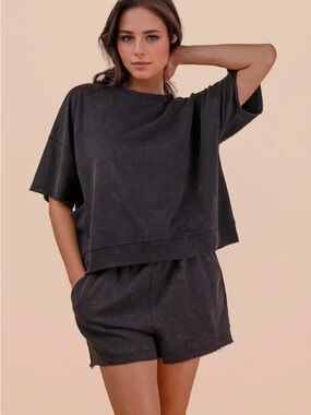 Black mineral wash pocket boho top and tie waist short resort Lounge comfort set